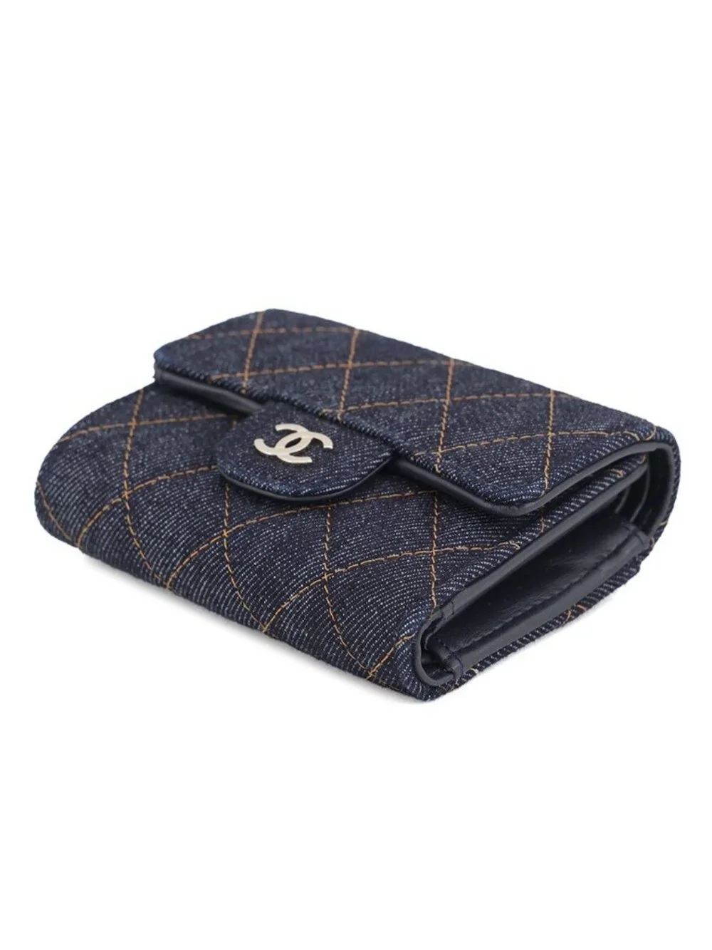Chanel Trifold Wallet Quilted CC Logo Classic Small Flap Denim